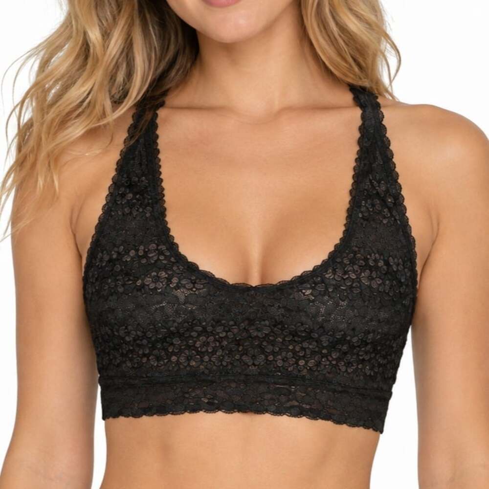 Black Floral Lace Racerback Bralette Scalloped V-Neck Crop Top